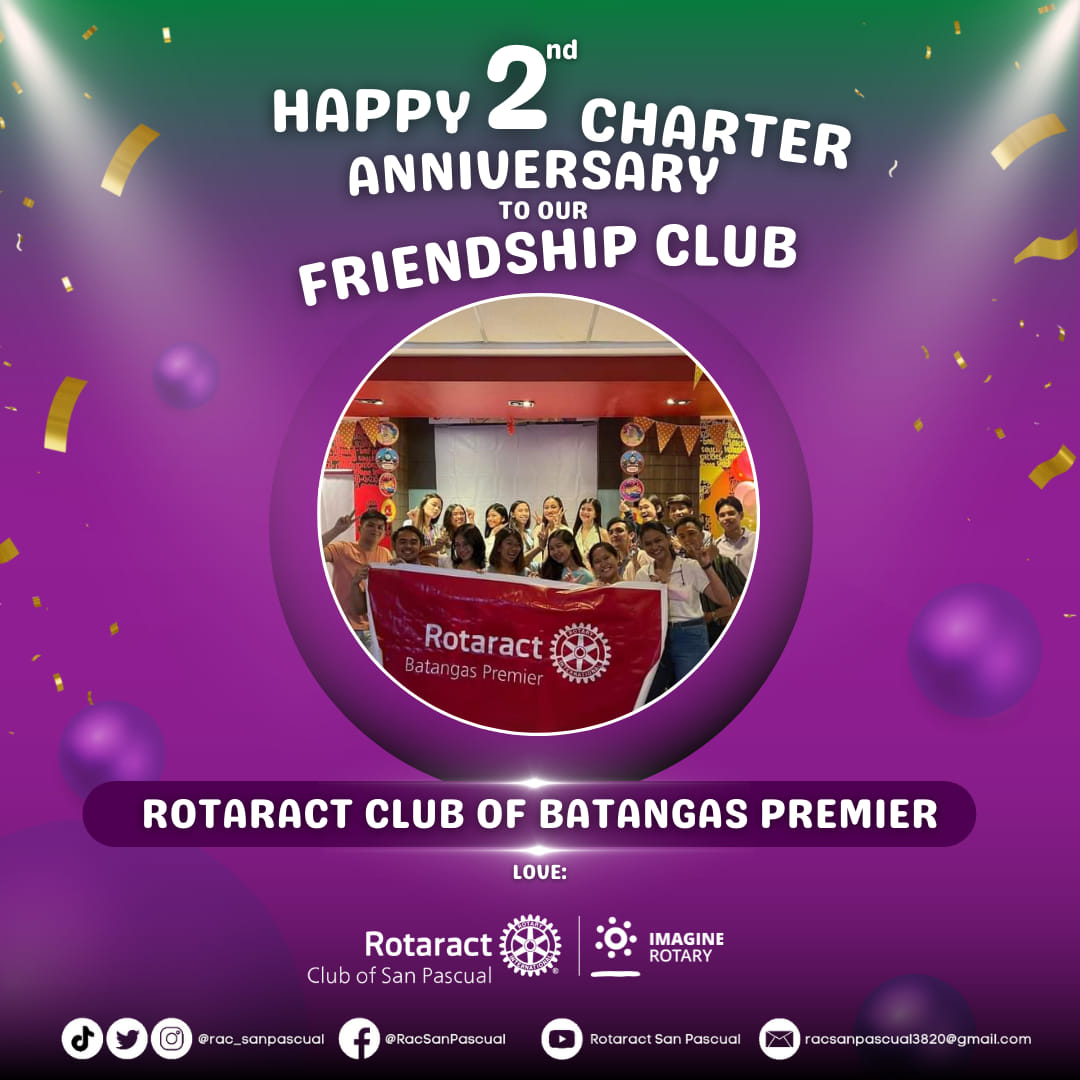 rac_sanpascual's tweet photo. HAPPY 2ND CHARTER ANNIVERSARY TO OUR FRIENDSHIP CLUB, Rotaract Club of Batangas Premier! 💜💚🥳
#ImaginativeYear
#PilipinasRotaractMDIO
#ImagineRotary
#OneCountryOneRotaract
#NewRotaryYear https://t.co/t1udOgRIBQ