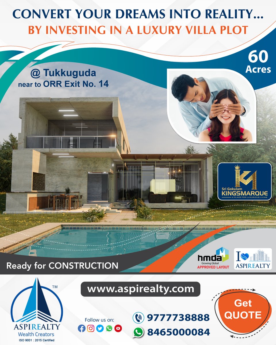 aspirealty's tweet photo. Convert Your DREAMS Into Reality By INVESTING In A LUXURY VILLA PLOT.
https://t.co/Us4UsSJxPz
Call: 9777738888, WA: 8465000084
https://t.co/uyxQCqvdFf, info@aspirealty.com
#Aspirealty #WealthCreators #HMDA #Kingsmarque #MAKProjects #HmdaOpenPlots #Tukkuguda #SrisailamHighwayPlots https://t.co/NjyKQv6oz7
