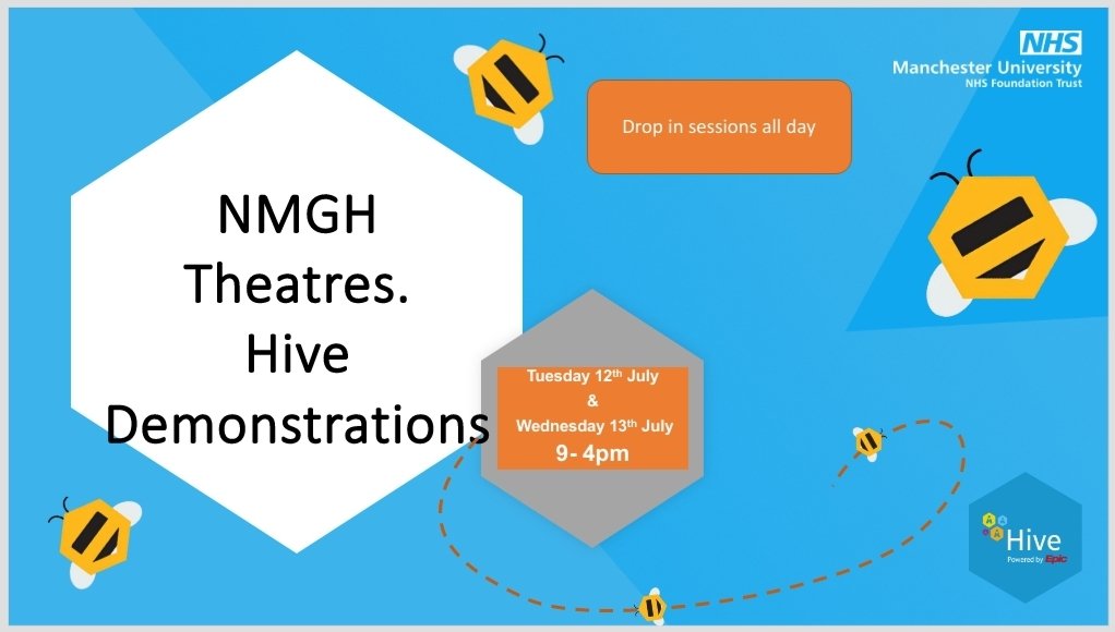 HaltonKirsty1's tweet photo. Happy Tuesday team! We are over in theatres today to share some HIVE demonstrations! Feel free to pop in and say hello, have a play with the system and ask any questions! We will be heading to main theatres and Phase one this PM so share away! ๐ @MFT_Hive @RachaelHornby8 https://t.co/dfalon0L7d