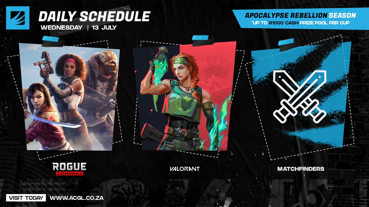 AfricanGaming's tweet photo. 📅 Wednesday night cups are open for registration:

🔻 #Valorant 
®️ #RogueCompany 

💰 Up to R1,000 cash per cup.

📝 Sign up for free: https://t.co/vFiGvM11Yl

#SAgaming #gamingZA #SAevents #EventsZA #FIFAza #SAesports #EsportsZA #esports #ValorantZA #RoCoZA https://t.co/V7zR7JF4Yl