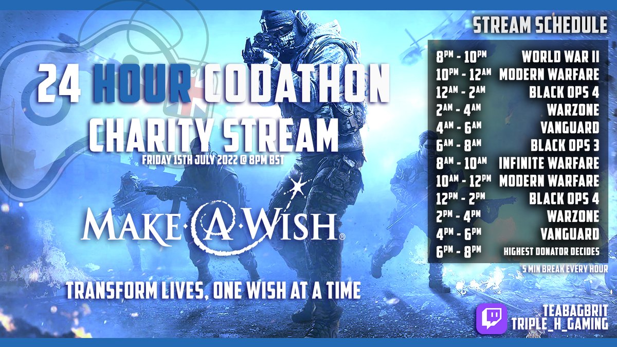 TeaBagBrit's tweet photo. Don't forget this Friday is our 24-hour Codathon for @MakeAWishUK 🌟🌟⭐️💫

Starting at 8pm BST 15th July ⏲️

#charitystream #twitch #makeawish #smallstreamer #Charity #24hourstream #twitchstreamer #Vanguard  #CallofDuty #blackops3 #blackops4 #infinitewarfare #warzone #WWII https://t.co/y71rED4CAG