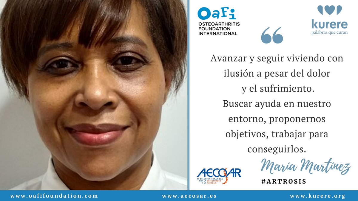 Os presentamos los primeros #testimoniosdesuperación #Artrosis #Osteoporosis <a href="/OAFIFoundation/">OAFI Foundation</a> oafifoundation.com aecosar.es y #kurere
María Martínez " Avanzar y seguir viviendo con ilusión a pesar del dolor y el sufrimiento" kurere.org/historias/mari…
Un abrazo.