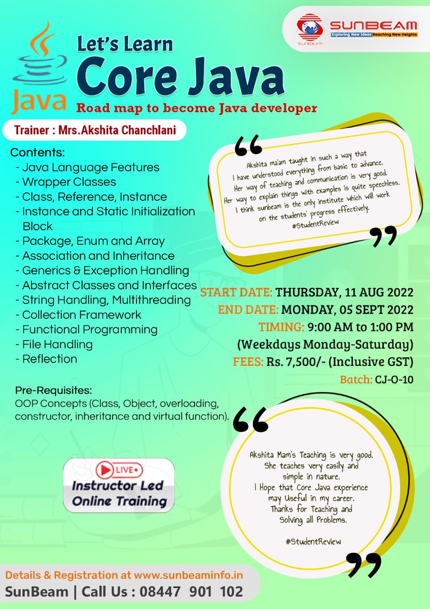 siitofficial's tweet image. Let's Join Our Upcoming Core Java Batch Starting from 11th Aug 22.
For details and registration visit: sunbeaminfo.in/modular-course…
#CoreJava #CoreJavaonlinetraining #CoreJavatraining #CoreJavacourse #online #training #onlinetraining #onlinecourse #java #programming