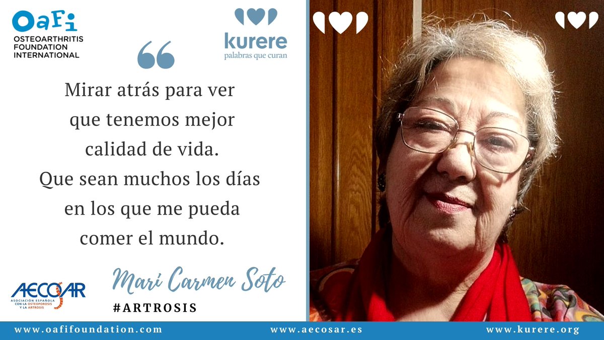 Os presentamos los primeros #testimoniosdesuperación #Artrosis #Osteoporosis <a href="/OAFIFoundation/">OAFI Foundation</a> oafifoundation.com, aecosar.es y #kurere
Mari Carmen Soto " Mirar atrás para ver que tenemos mejor calidad de vida" kurere.org/historias/mari…
Un abrazo