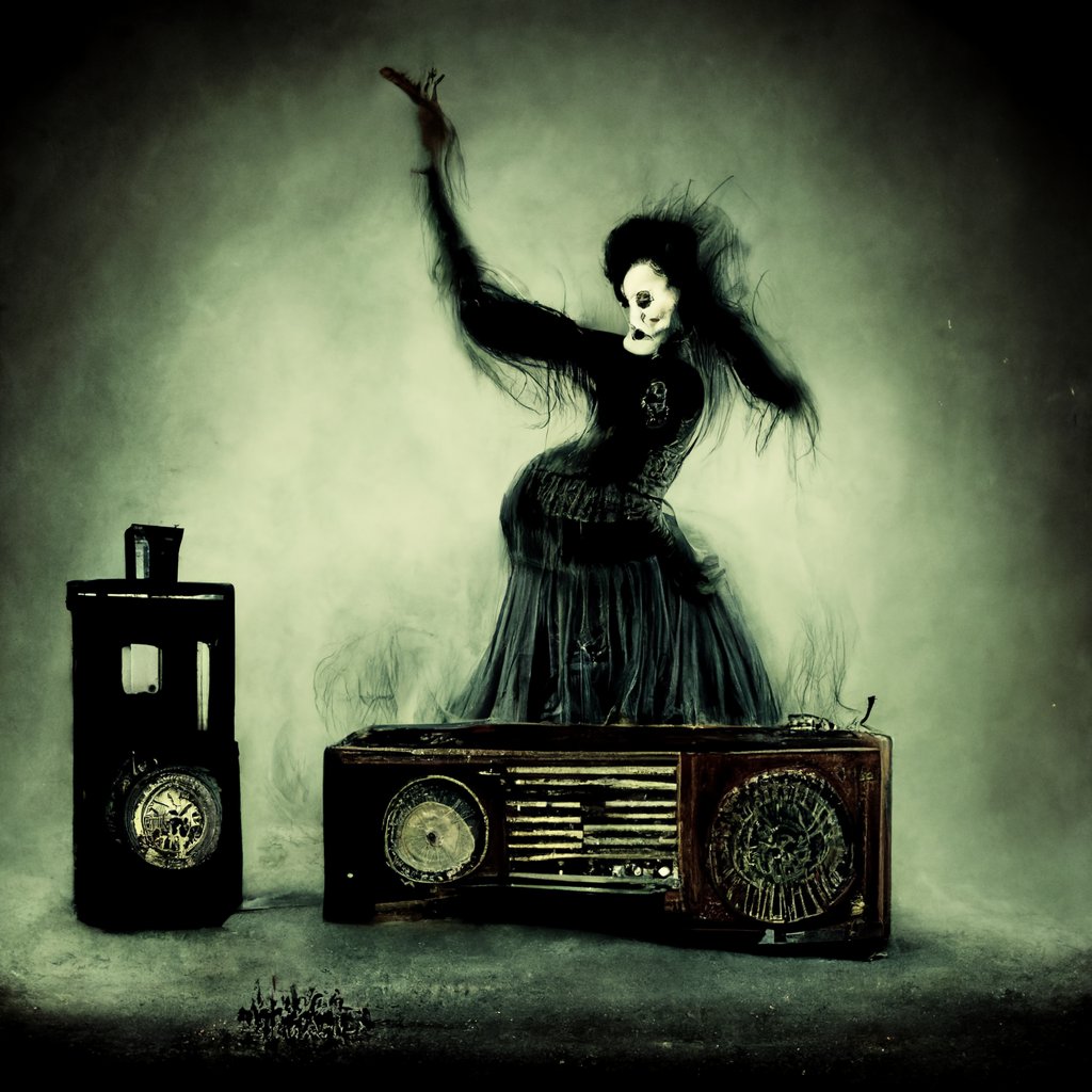 ShockOperaPlay's tweet photo. @fotwradio Entered the prompt "Halloween listening party" into #midjourneybot and got four images. These two are my favorites. I entered "Lady ghost dances next to antique radio, horror, goth, spooky" for the green one. Love, https://t.co/nSsWhzOxC9 #Guignolfest #MutantFam https://t.co/B5UVBuOq80