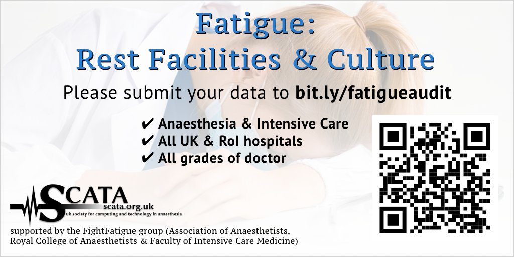 Today SCATA (with support from the @RCoANews, @Assoc_Anaes & @FICMNews #FightFatigue group) launches data collection for a service evaluation of rest facilities & culture in anaesthesia and intensive care.

bit.ly/fatigueaudit

🧵 👇