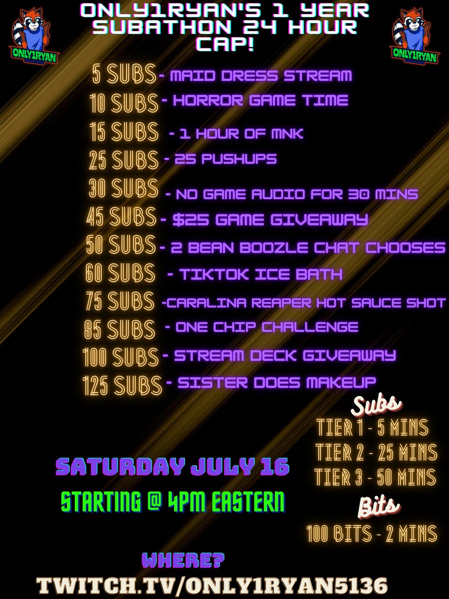 YALL ITS FINALLY TIME! This Saturday  July 16 I will be having my 1 Year Subathon Stream. Here are the Details Hope to see all of you Amazing people there!