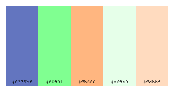 ColPaletteBot's tweet photo. Beep beep, here's a pretty color palette for you!
color-scheme.js parameters used:
- hue: 34
- variation: light
- colors: #6375bf, #80ff91, #ffb680, #e6ffe9, #ffdbbf
Have a lovely day!
#twitterbot #colorpalette #colors #palette #prettycolors https://t.co/NVfZUnrJvY