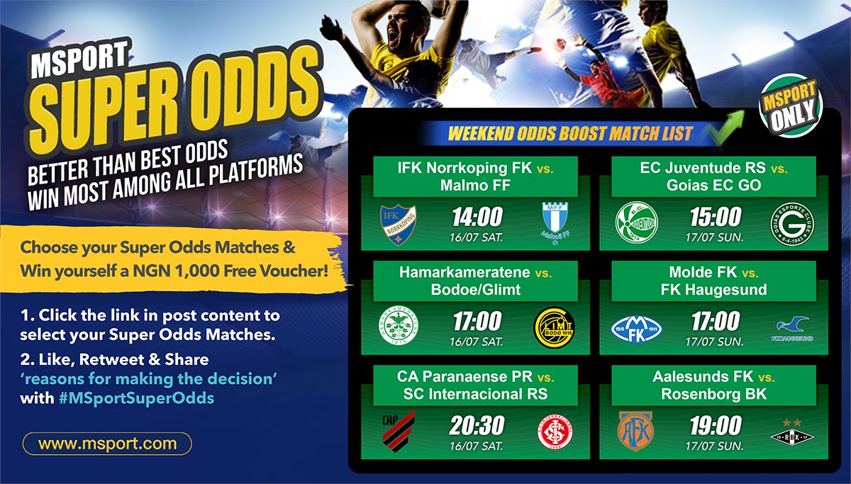 MSportOfficial's tweet photo. Super odds better than ever up to you?
Win yourself an extra ₦1,000 here!

Take charge &amp; win in 2 steps:
1. Pick Your Super Odds Matches: https://t.co/GXR0XMekx0
2. Like, Retweet &amp; Share reasons for making the decision &amp; win ₦1,000 using #MSportSuperOdds
https://t.co/DSFoz4cyv0 https://t.co/azbOiwGDjc