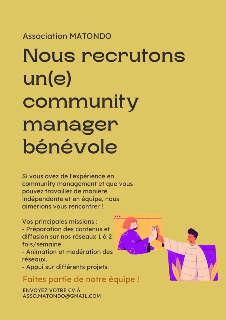 ASSOCIATIONMAT1's tweet photo. [Annonce] 
L'association Matondo forte de son évolution est à la recherche de plusieurs profils 
Si le bénévolat vous tente,  ou si vous recherchez un stage rejoignez nous : 

👉 Une Community Manager
👉 Une Assistante Juridique 
👉 Une Chargée de projet 

 Contactez nous https://t.co/cUyfx7Ve8g