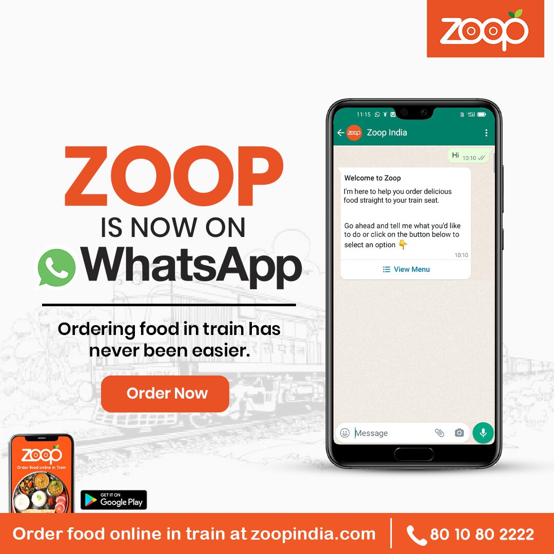 Zoop_Food's tweet photo. Ordering Food on Train just got easier, Order your favourite food on your train seat with Zoop on WhatsApp. 

Order Now: https://t.co/i4bIHJUQE8

#ZOOP #zoopfooddelivery #ZoopFood #trainfood #TrainFoodDelivery https://t.co/Ybvr9oPpjJ