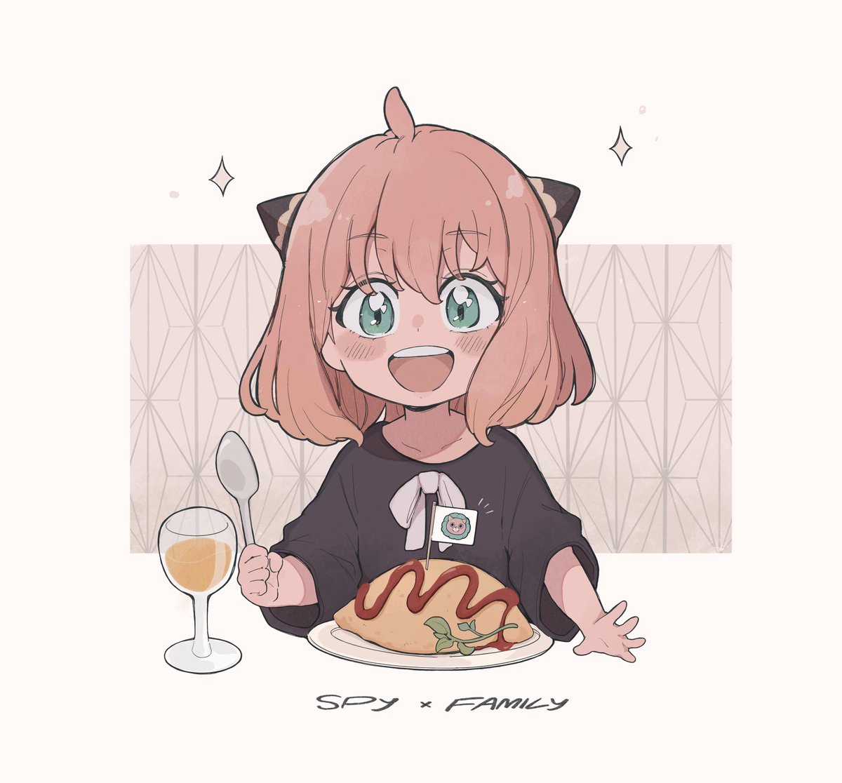 anya (spy x family) 1girl female child drinking glass food pink hair solo omurice  illustration images