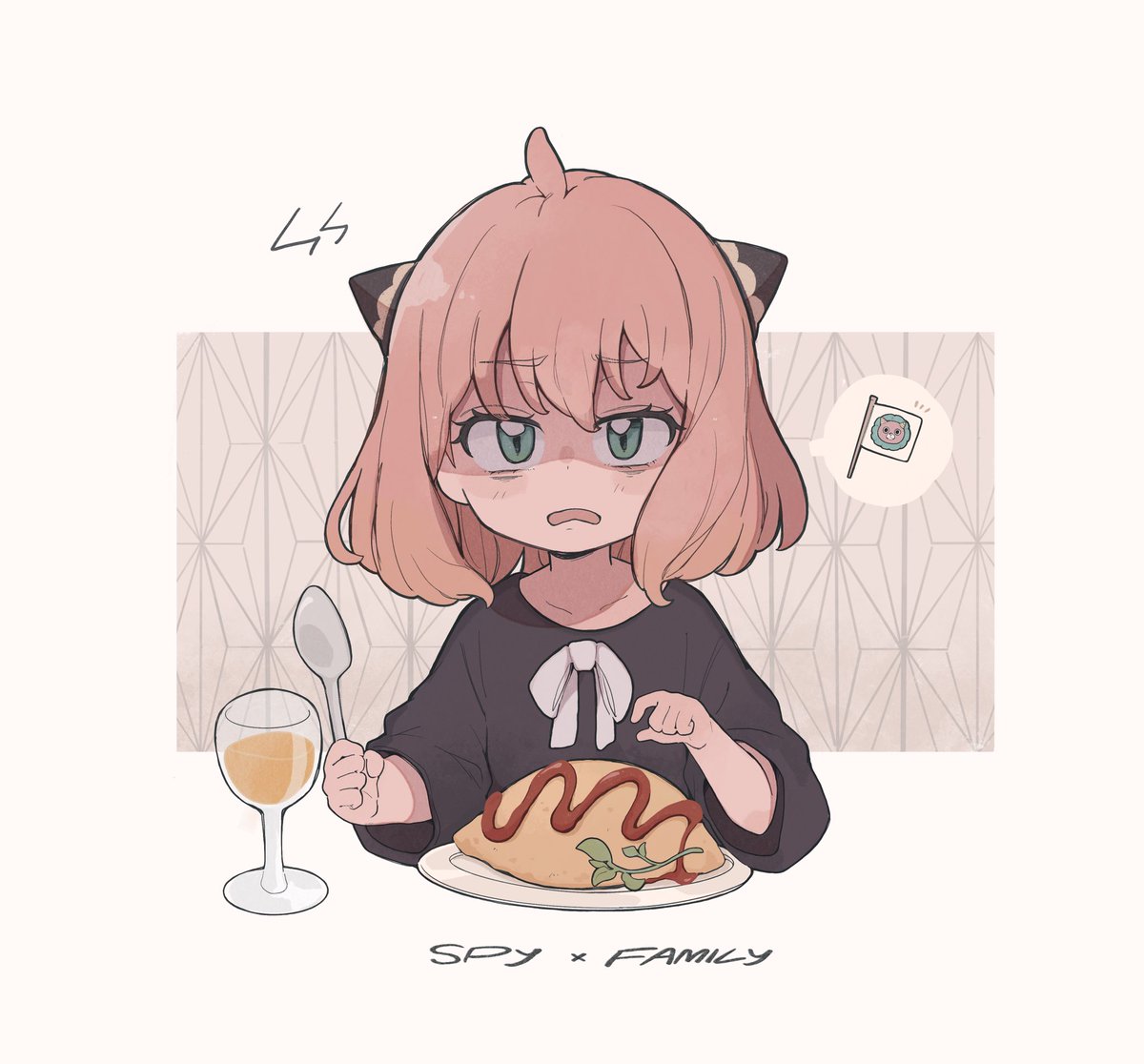 anya (spy x family) 1girl female child drinking glass food pink hair solo omurice  illustration images