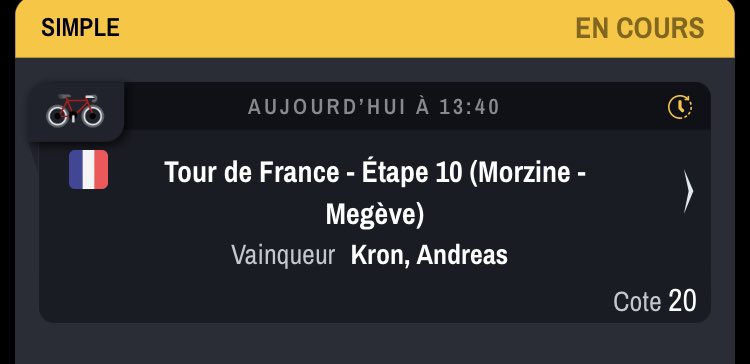 🚧 Etape 10 #TDF2022    🚧

Flemme de sortir 50 noms du coup lui ou nada ahah🤞🏼 

🚵🏼‍♂️ Kron - 20

Good luck all 🔥

#TeamParieur
