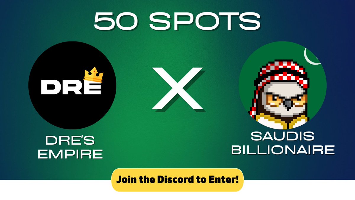 Dre's Empire x Saudies Billionare

🎁45x wl spots to giveaway on discord
🎁5x wl spots to giveaway on twitter

Must:
1. Follow @BILLIONERSNFT &amp; <a href="/Dres_Empire/">Dre</a> 
2. Like, rt and tag 3 friends
3. Join the discord: discord.gg/dresempire

Ends in 48 hours!!