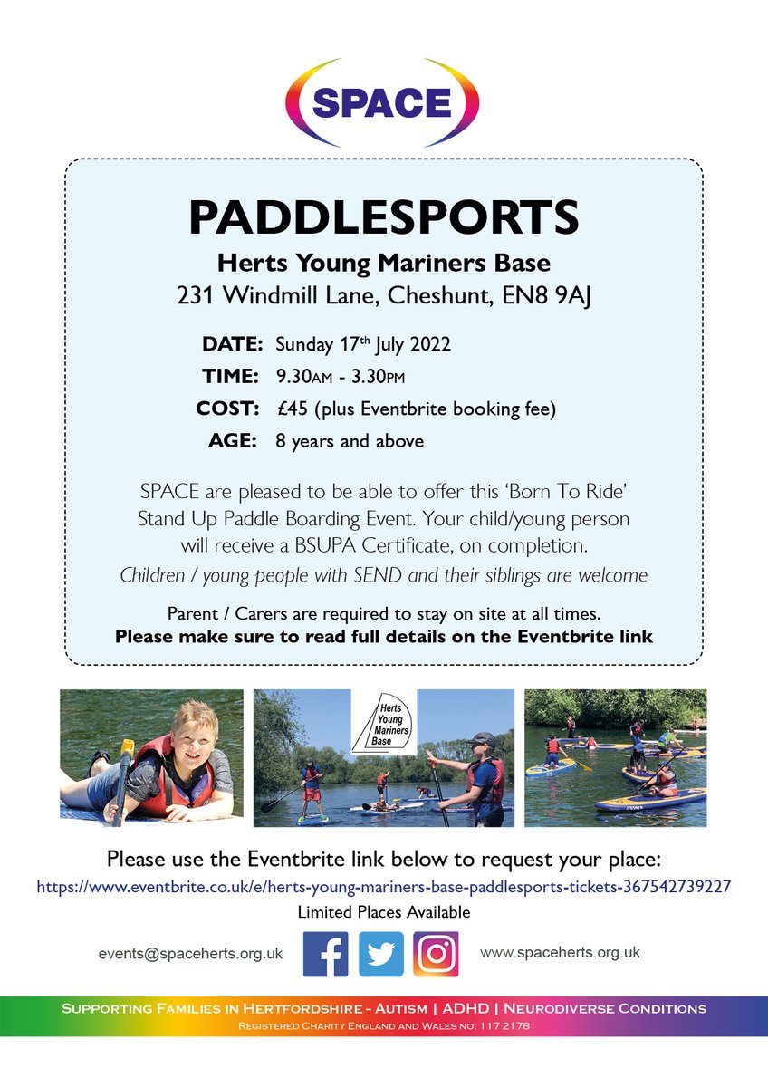 🌟 Last Minute Places Available 🌟
Level 1 Accredited Paddlesports Course
Herts Young Mariners Base,
231 Windmill Lane, Cheshunt, EN8 9AJ
Sun 17th July 2022
9.30am - 3pm
£45 (plus Eventbrite fee)
8 years and above
eventbrite.co.uk/e/herts-young-…
#SPACEhertfordshire
#SPACEactivities