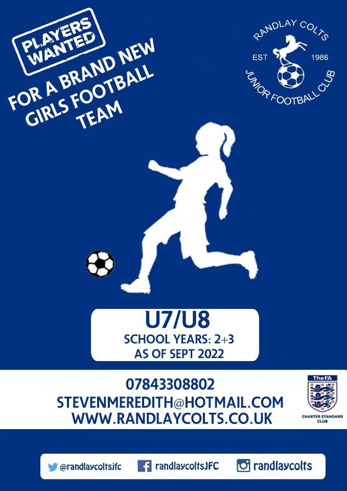 Our close friends <a href="/RandlayColtsJFC/">Randlay Colts JFC</a> are looking for players to join their brand new U7/U8 girls football team for next season. 

They will be putting on FREE football sessions for girls currently in Year 1 and Year 2.

Please share <a href="/RandlayPrimary/">RandlayPrimary</a> <a href="/HollinswoodPri/">Hollinswood Primary</a> <a href="/windmillsports/">Windmill Sports</a>