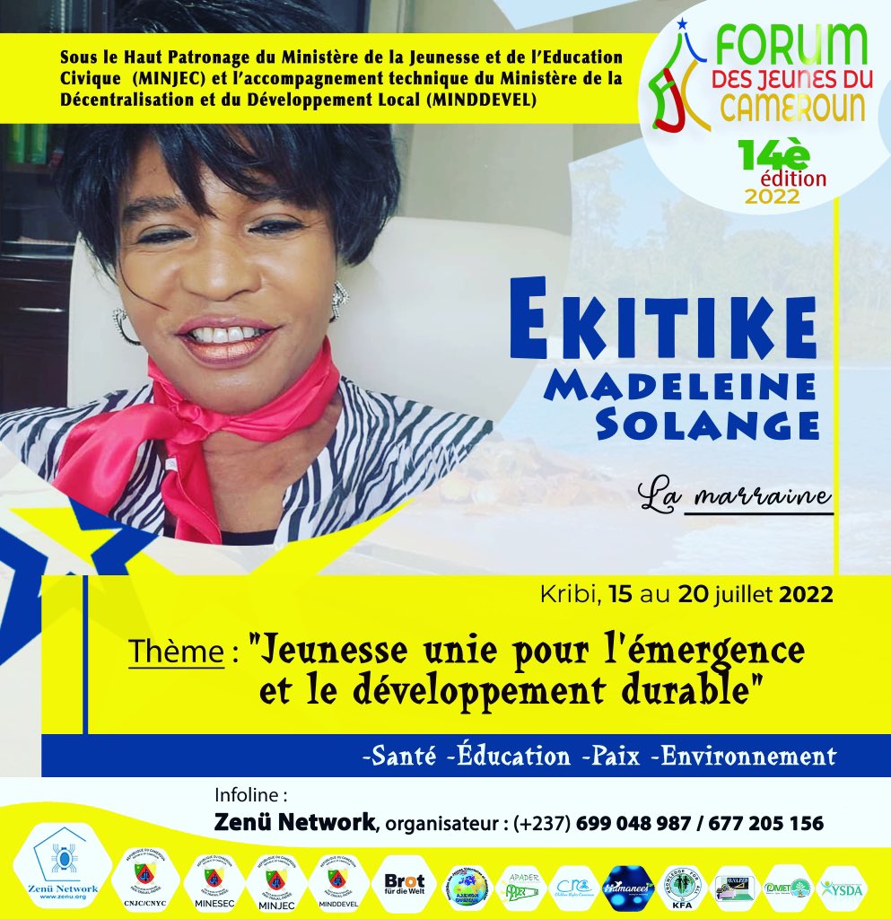 humaneesCMR's tweet photo. #FJC14 🇨🇲🇨🇲🇨🇲
Marraine ♥️♥️♥️
Madame EKITIKE Madeleine Solange est la marraine de la 14ème édition du Forum des Jeunes du Cameroun.
#FJC2022 🌊
#ZenüNetwork #CNJC #MINJEC #MINDDEVEL #Jeunesse
#Humanees #CRC #AJEVOH #PIVJET #APADER #YSDA #ONAPED #KFA https://t.co/IzIia9486j