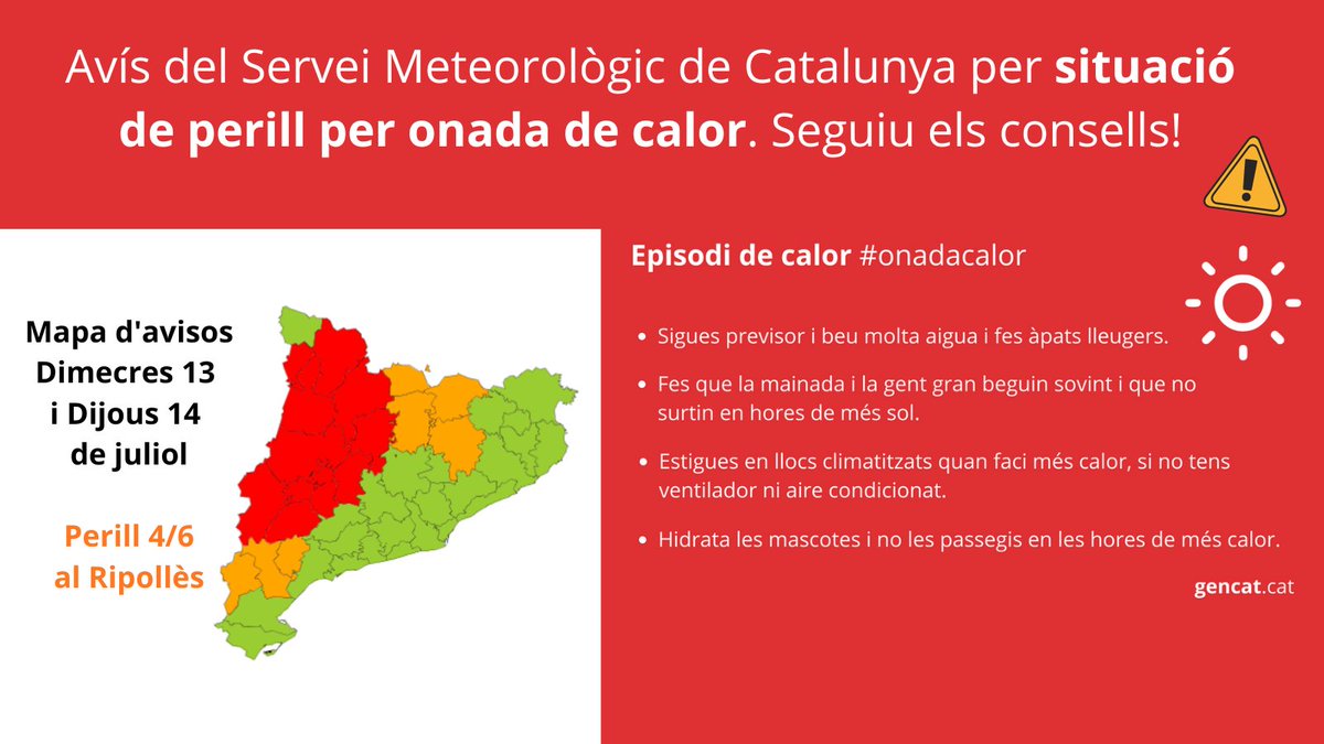 Ajuntament de Ripoll (@aj_ripoll) on Twitter photo ⚠️🌡️ Avís del Servei Meteorològic de Catalunya per situació de perill per onada de calor. Mapa d'avís amb perill 4/6 al #Ripollès per aquest dimecres i dijous.
👇 Seguiu els consells i protegiu-vos:
#Ripoll #onadacalor ⚠️🌡️ Avís del Servei Meteorològic de Catalunya per situació de perill per onada de calor. Mapa d'avís amb perill 4/6 al #Ripollès per aquest dimecres i dijous.
👇 Seguiu els consells i protegiu-vos:
#Ripoll #onadacalor