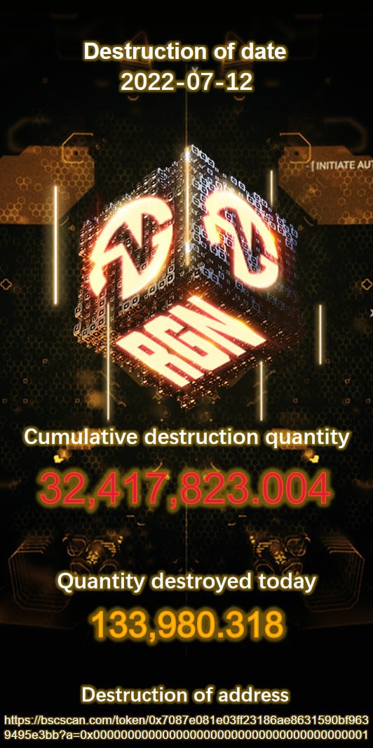 🔥 #RadiantGlory Token (RGN) Destruction Update 🔥

🔸 Date: 07-12-2022
🔸 Quantity destroyed today: 133,980.318
🔸 Cumulative destruction quantity: 32,417,823.044

📍 $RGN destruction address: bscscan.com/token/0x7087e0…