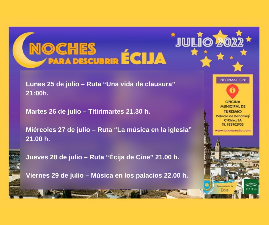 NOCHES PARA DESCUBRIR ÉCIJA🌙

Programa de actividades para esta semana "NOCHES PARA DESCUBRIR ÉCIJA"

#NochesÉcija #DescubreÉcija #ÉcijaesTurismo #ConoceÉcija