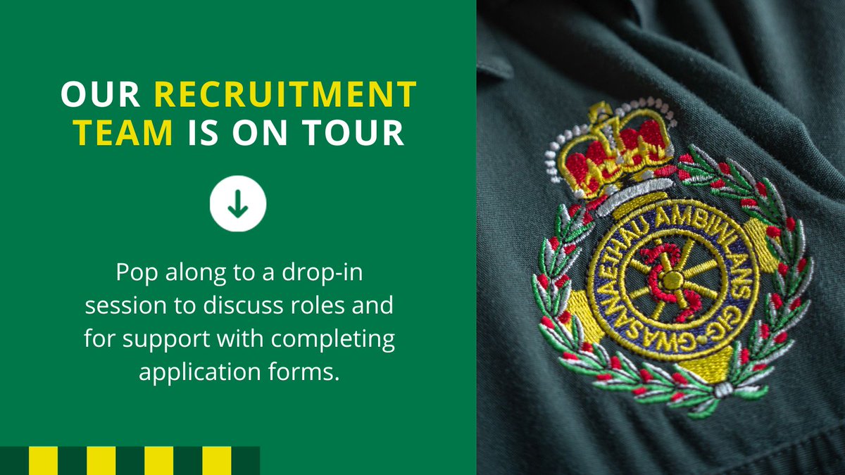 🌟 The WAST #Recruitment Team is on tour! 🌟 The first stop is Carmarthen.

If you are interested in becoming a member of #TeamWAST pop along on Friday 15 July 2022 between 10:30 – 14:30 to Carmarthen Ambulance Station, Abergwili Road, Carmarthen, SA31 2HG for a chat.

#HiringNow
