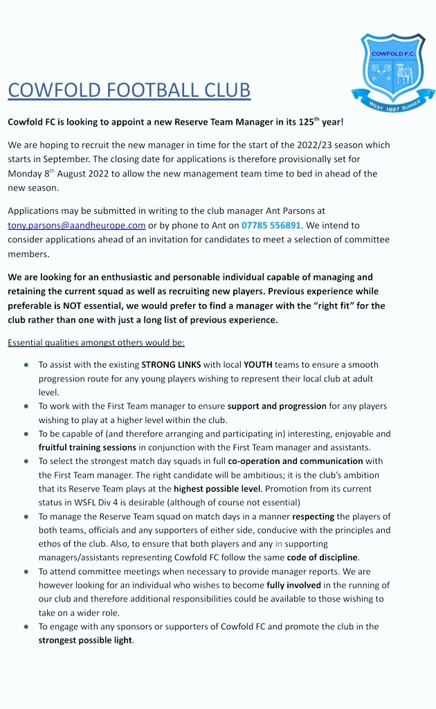 We are looking to recruit a new Reserve Team Manager in our 125th year! See below.