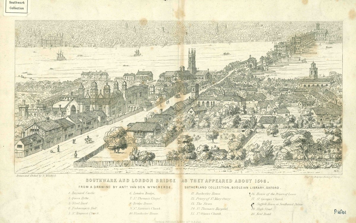 A tranquil Borough High Street and London Bridge, c1546. By 1722 traffic on the bridge was so bad, the Lord Mayor attempted to control it and decreed traffic coming out of Southwark into the City should keep west on the Bridge and traffic coming out of the city should keep east.