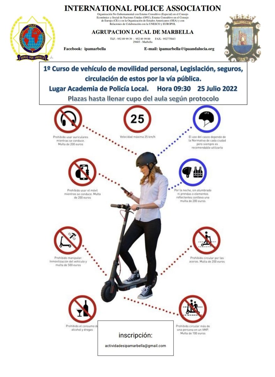 1° curso de VMP, legislación, seguros, circulación por la vía pública. Organizado por Ipa Marbella. Día 25 de julio a las 9:30 horas. Inscripción gratuita en el email actividadesipamarbella@gmail.com