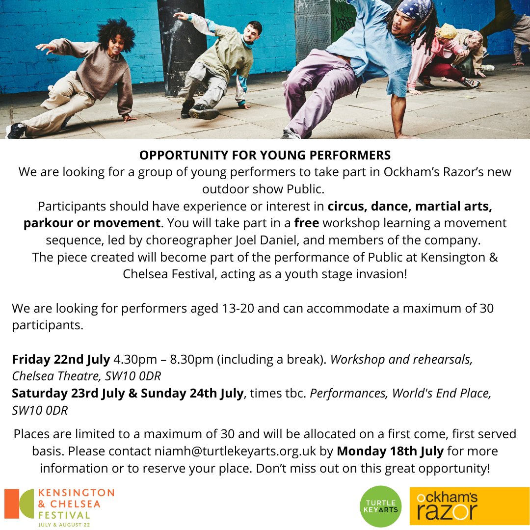 OckhamsRazorUK's tweet photo. We are looking for a group of young people aged 13-20 to take part in a FREE workshop and perform as part of our new show Public at @kcfestivaluk. 
For more information on this exciting opportunity, see the image below - to sign up contact niamh@turtlekeyarts.org.uk. https://t.co/inpVfxYiSM