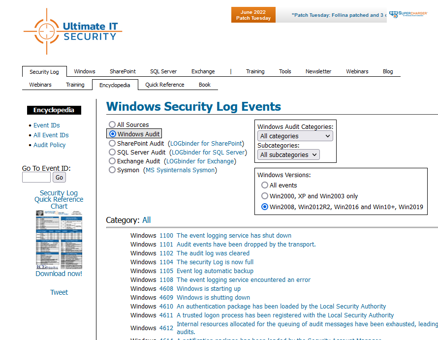 inginformatico's tweet photo. Windows Security Log Events Encyclopedia: 
Windows Audit, SharePoint Audit  (LOGbinder for SharePoint), SQL Server Audit  (LOGbinder for SQL Server), Exchange Audit  (LOGbinder for Exchange), Sysmon (MS Sysinternals Sysmon) #DFIR #EVT #EVTX #EventIDs https://t.co/ZdGNX4Hecw https://t.co/3ym8w6HYeY