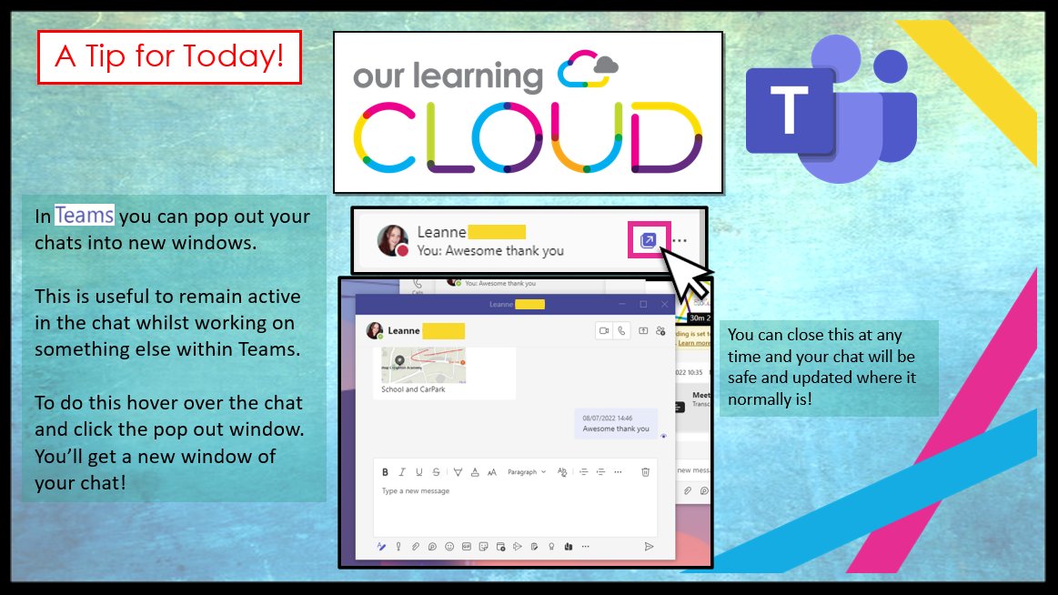 A Tip For Today! ✨

In <a href="/MicrosoftTeams/">Microsoft Teams</a> you can pop out your chats into a new window!

See the picture below on how to do this.🖼️

#Teams #MicrosoftTeams #OLC_TFT #Tips