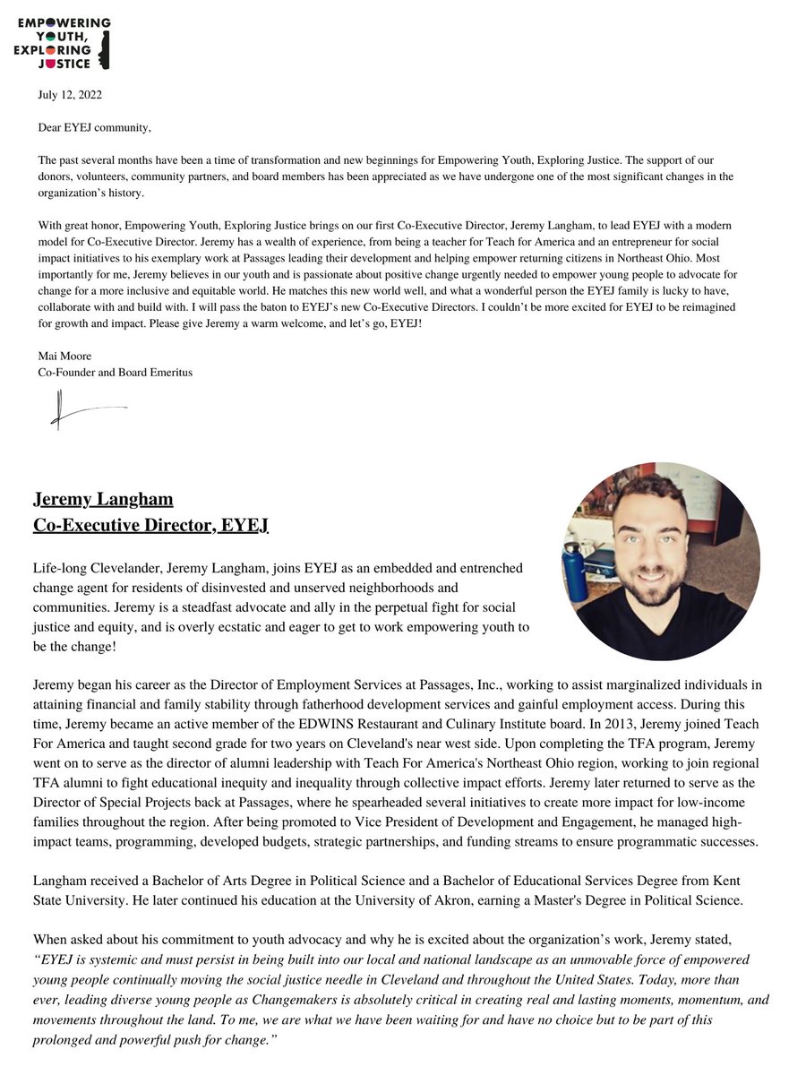 Cleveland native and #Changemaker Mr. Jeremy Langham is the new lead Co-Executive Director of EYEJ!  Read the welcome message from Co-Founder and Board Emeritus <a href="/maimoore/">Mai</a> and learn more about Jeremy's commitment to #SocialJustice #nonprofit #Cleveland #News #BeAChangemaker