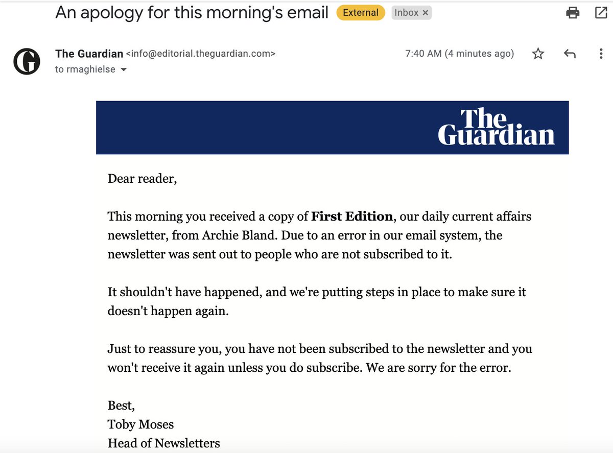 Maghielse's tweet photo. I appreciated this timely email explanation from the @guardian about an arrant newsletter send. The place has always excelled at transparency and treating its audience as customers and people, instead of as merely IP and email addresses. https://t.co/jRYTCPUDDr