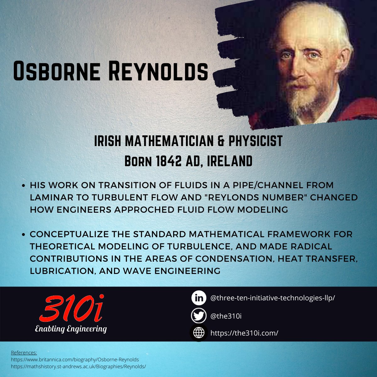 the310i's tweet photo. #ChemETribute
#Reynolds made radical, field changing contributions to multiple areas. His work in #fluidmechanics is a standard for modeling of fluid flow and turbulence, and forms the foundation for today's high-tech flow #modeling techniques.
#chemicaleng #Reynoldsnumber https://t.co/NEcSyoZU85