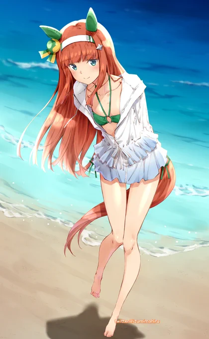 水着サイレンススズカ描いてみる。上着も着せてみる。膝上くらいでトリミングしようかと思ったけど、折角全身描いたので、足先まで入れてみた。ちなみに、スズカの別Verの為に単発チケットを貯めていて、現在137枚。もしスズカの別衣装来たら全部回す予定です。#ウマ娘 #ウマ娘プリティーダービー 