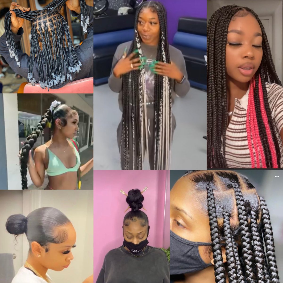 I need 7 clients for these exact styles. Hair is included for the ponytail &amp; buns. Also included in only one style of knotless braids. First come first serve 💛 DM me if interested 😘 *not my work*