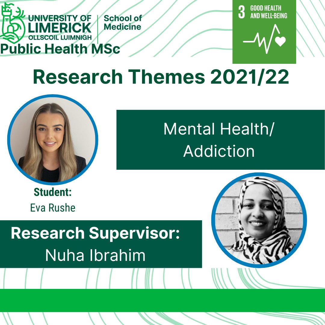 PublicHealthUL's tweet photo. Doing her #ResearchTheme based on #MentalHealth/ #Addiction is Eva Rushe. Nuha Ibrahim will be her #ResearchSupervisor.
To learn more about our Research Module visit: https://t.co/7tfwZq819Q
#PublicHealthUL https://t.co/IDpRARKF1I
