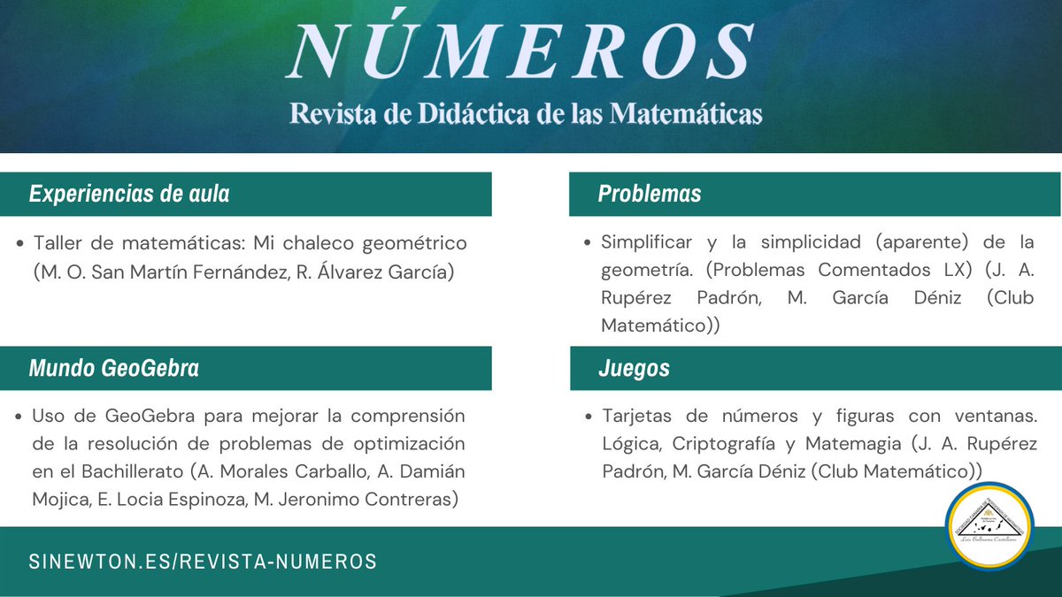 SCPMLBalbuenaC's tweet photo. Ya está disponible el VOLUMEN 111 de la revista #NÚMEROS en nuestra web con nuevos artículos, experiencias de aula,  problemas, juegos y más

Disfruten de esta nueva entrega pulsando en el enlace
#SCPM #SCPMLBC

🌐https://t.co/jpclREJoSN https://t.co/Ff672usnan