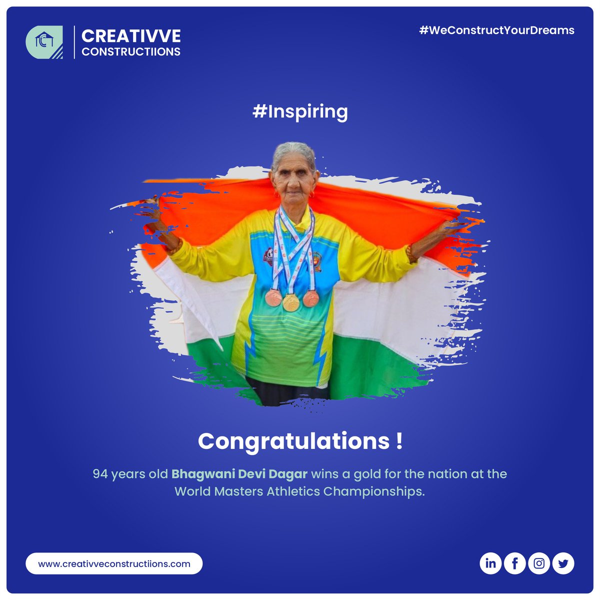 CreativveConst's tweet photo. 𝟵𝟰 𝘆𝗲𝗮𝗿𝘀 𝘆𝗼𝘂𝗻𝗴! Bhagwani Devi Dagar brings glory to the nation with a gold medal at the #WorldMastersAthleticsChampionships showing that age is just a number when you are determined to win. Truly Inspiring!

#BhagwaniDeviDagar #goldmedalist #indian #WorldAthletics https://t.co/pWLDvJpWLo