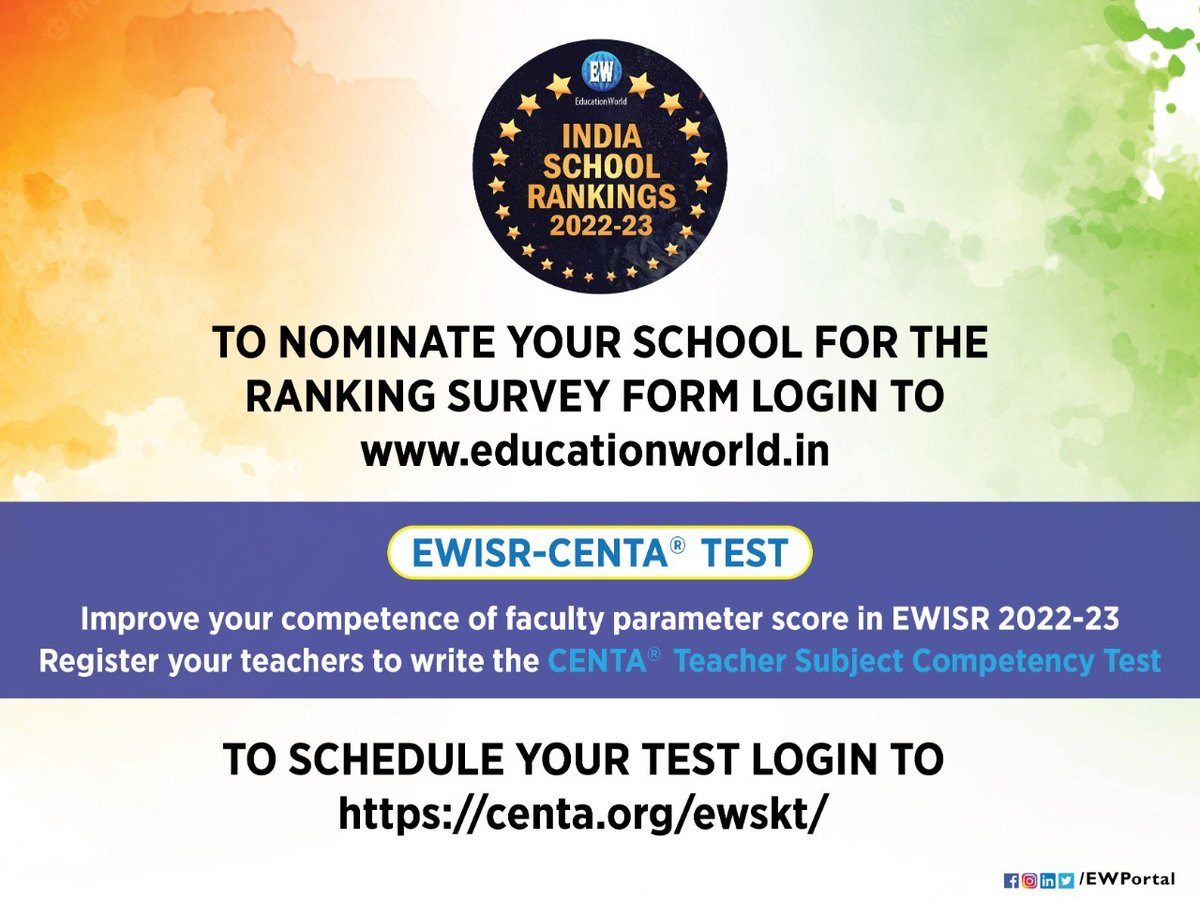 Click For India School Ranking Survey Form: educationworld.in/india-school-r… Click to take CENTA Test: centa.org/ewskt/
