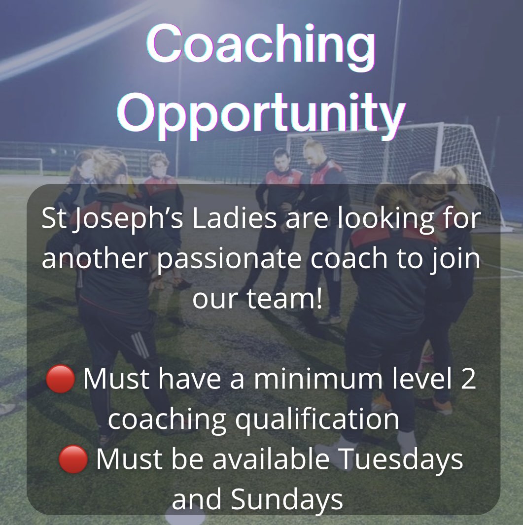 ⚽️ Are you passionate about developing players? ⚽️

St Joseph’s Ladies are based in Accrington and are a Tier 7 club, and we are looking to add another passionate coach to our team! 

If you are interested, please direct message us for more information. 

#UTJ 🔴⚪️