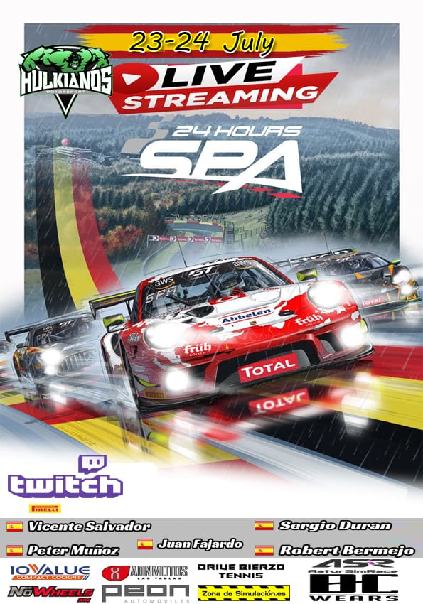Próximos días 23 y 24 de Julio los pilotos de Iracing se enfrentan a las 24 horas de Spa....como novedad.....nuestro capi maveryck se estrena esta vez con estos grandes compañeros.....Suerte a los cinco y darle Gas. Estarán en directo en Twitch.