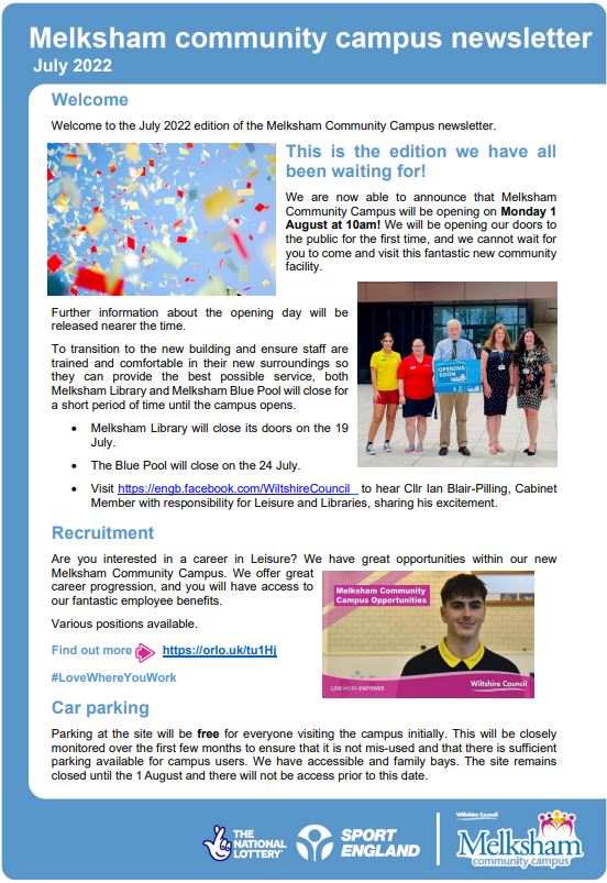 CampusMelksham's tweet photo. Welcome to the July edition of the Melksham community campus newsletter. @Sport_England 🙂🙂 https://t.co/AK2abN7rsf