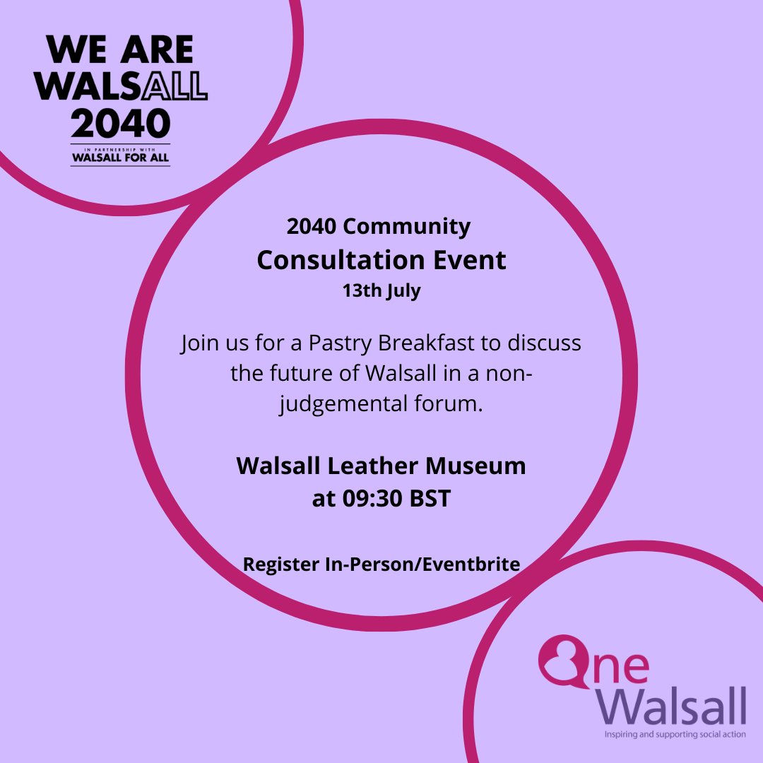 Still not booked on? Want to have your say?

Join us tomorrow <a href="/Leather_Museum/">Walsall Leather Museum</a>  from 9:30am for a pastry breakfast!

Signup link: eventbrite.co.uk/e/one-walsall-…

<a href="/walsallforall/">Walsall for All</a> 
#WeAreWalsall2040  #Walsall