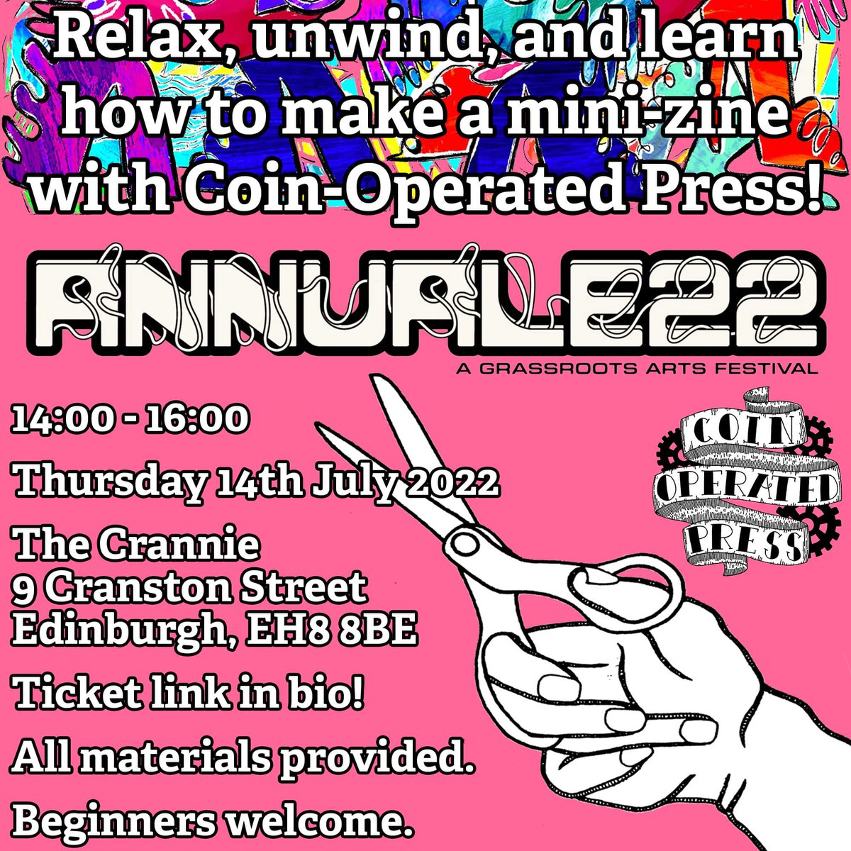 Coin-Operated Press (@coinoppress) on Twitter photo Hey wonderful Edinburgh locals! 🤩 Come and join us this Thursday at <a href="/TheCrannie/">Edinburgh Old Town Development Trust</a> for a couple of hours of chilled-out zine-making fun!! ✂️ This workshop is run as part of the Annuale Festival by <a href="/EmbassyGallery/">Embassy</a> 💖 eventbrite.co.uk/e/annuale-fest… Hey wonderful Edinburgh locals! 🤩 Come and join us this Thursday at <a href="/TheCrannie/">Edinburgh Old Town Development Trust</a> for a couple of hours of chilled-out zine-making fun!! ✂️ This workshop is run as part of the Annuale Festival by <a href="/EmbassyGallery/">Embassy</a> 💖 eventbrite.co.uk/e/annuale-fest…