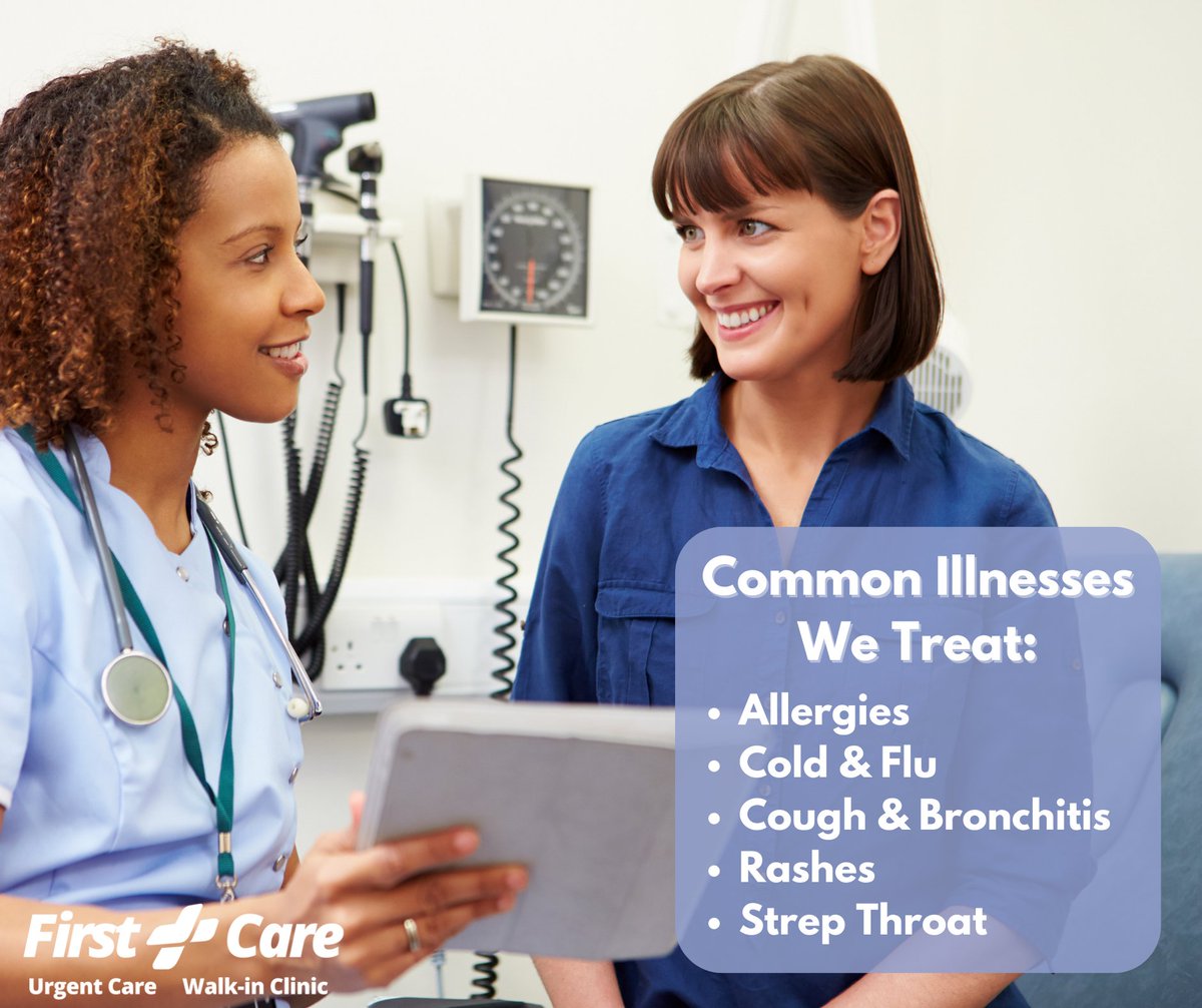 FirstCare123's tweet photo. First Care Clinics is no stranger to treating various common illnesses. So regardless of what has you feeling less than 100%, stop by your local First Care to receive top-notch medical attention from our team. Learn more in our blog here: https://t.co/pZknaBgdPr. https://t.co/s2p56HTT0l