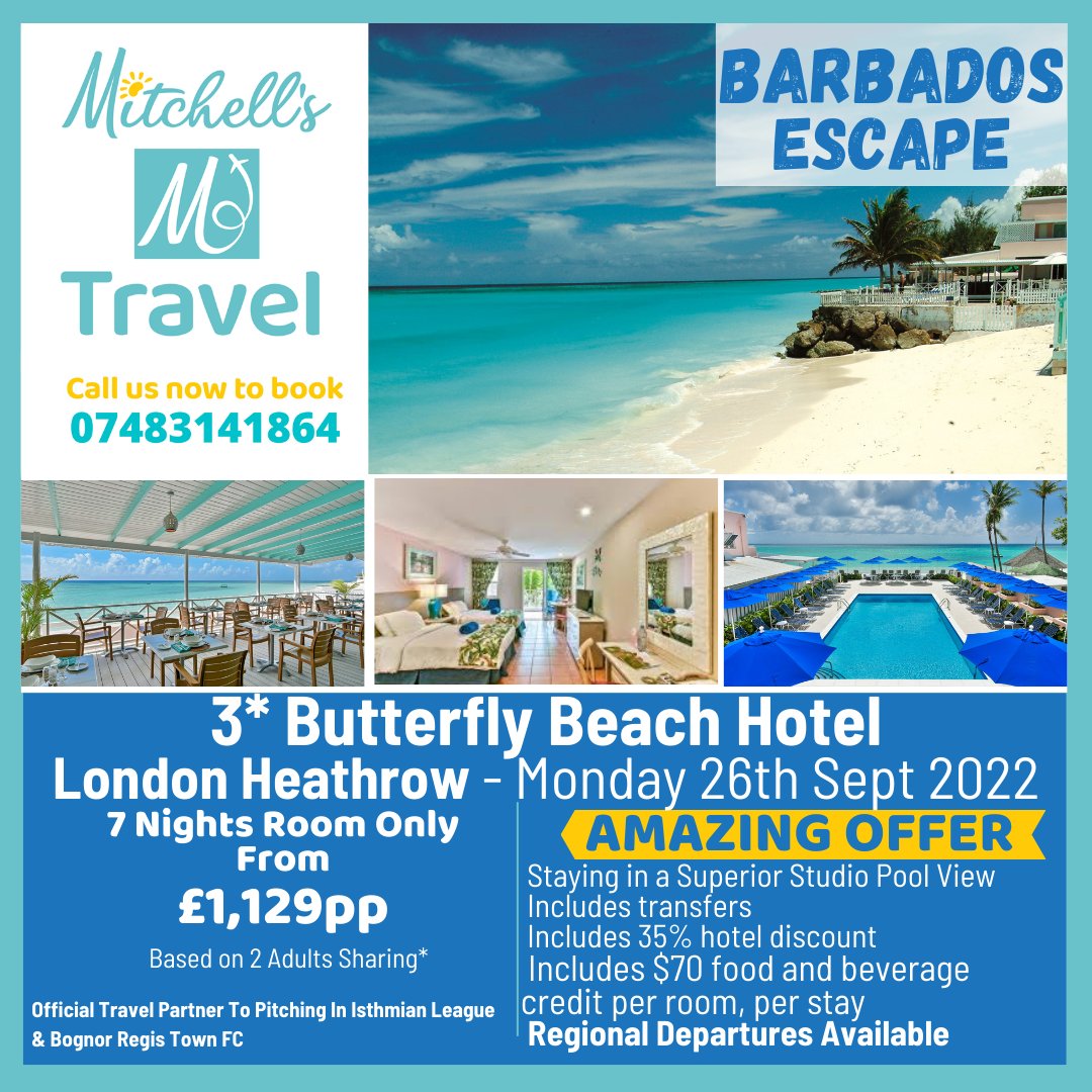 ☀️Barbados☀️
💥AMAZING OFFER💥
✈️ Multiple UK Departures 
SEE PICTURE FOR FULL DETAILS
🌟 Call Mitchell’s Travel Today To Book Your Next Holiday
☎️ 07483141864
⚽️ Official Travel Partners To <a href="/IsthmianLeague/">The Pitching In Isthmian League</a> &amp; <a href="/rocks1883/">Bognor Regis Town</a> 
#holidays #barbados