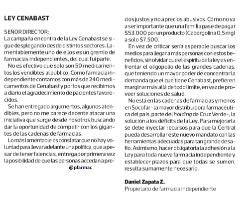 pfarmac's tweet photo. Interesante carta de dueño de farmacia independiente sobre ley @Cenabast https://t.co/VAPkzdqQjb