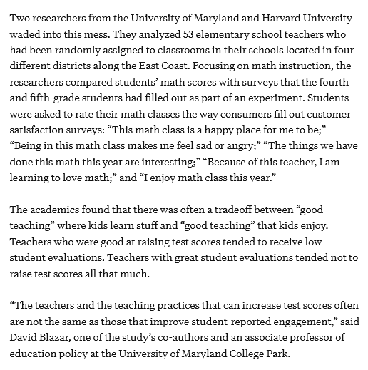 alfiekohn's tweet photo. An example of the sort of nonsense that's published (&amp; then uncritically summarized by reporters) once "good teaching" is simply assumed to mean high test scores. Challenge that dubious premise and the whole edifice - e.g., that high-quality instruction is unpleasant - collapses: https://t.co/lbWTk88BiE